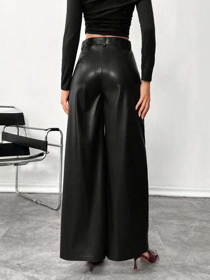 Chic Black Faux Leather Slacks for Women with High Waist Wide Leg Tailored Trouser Style