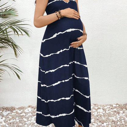 Elegant Navy Blue Tie Dye Maternity Maxi Dress for Women with V Neck Spaghetti Strap Flowing Bohemian Style