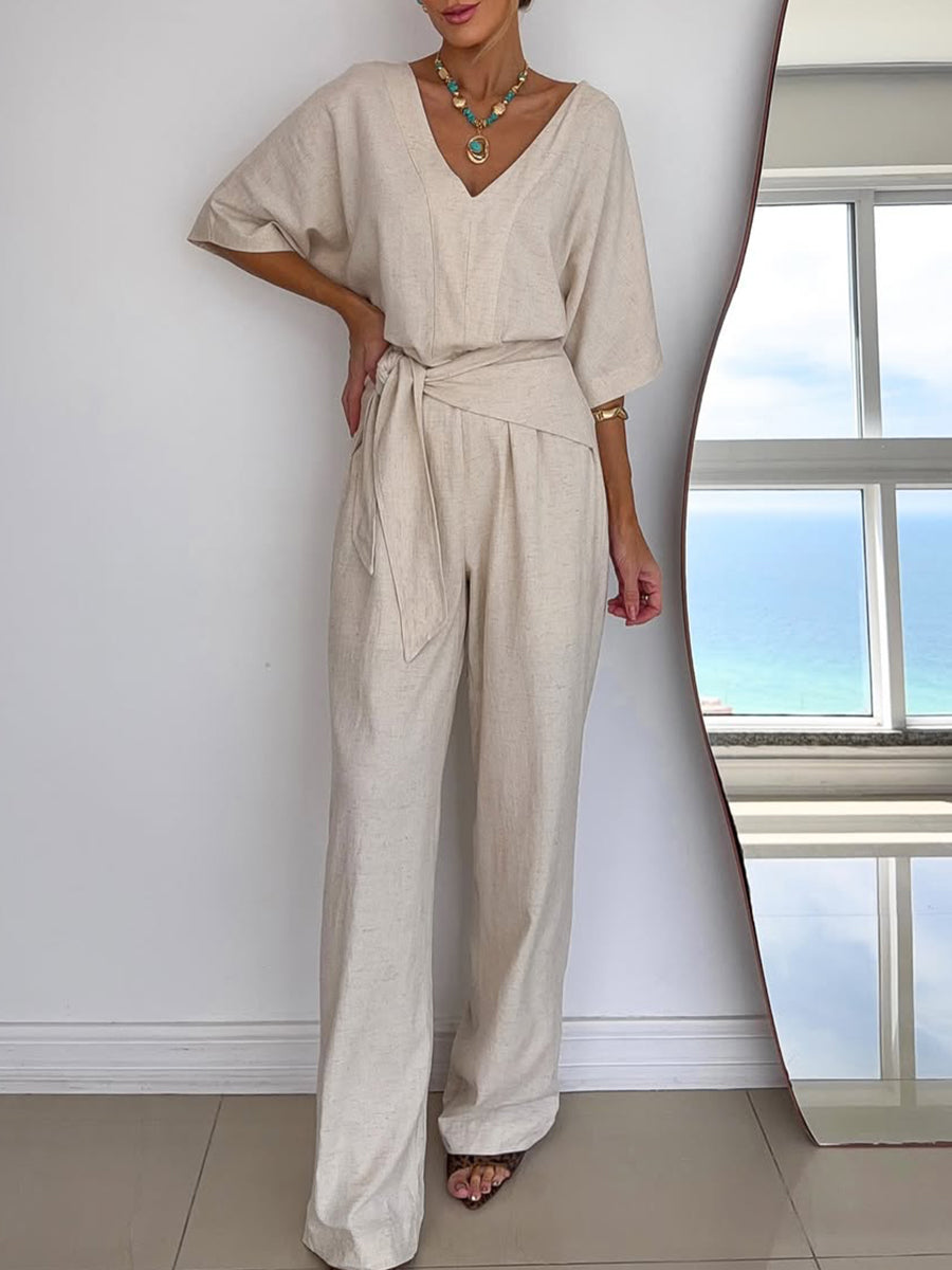 Effortless Linen Jumpsuit for Women with V Neck Half Sleeve Wide Leg Tie Waist Relaxed Style