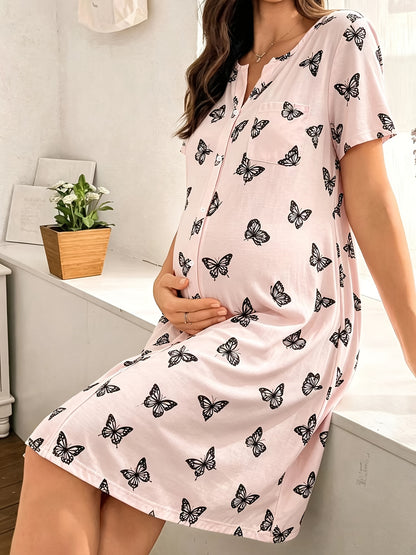 Comfortable Printed Maternity Nightgown for Women with Round Neck Short Sleeve Button Front Relaxed Style