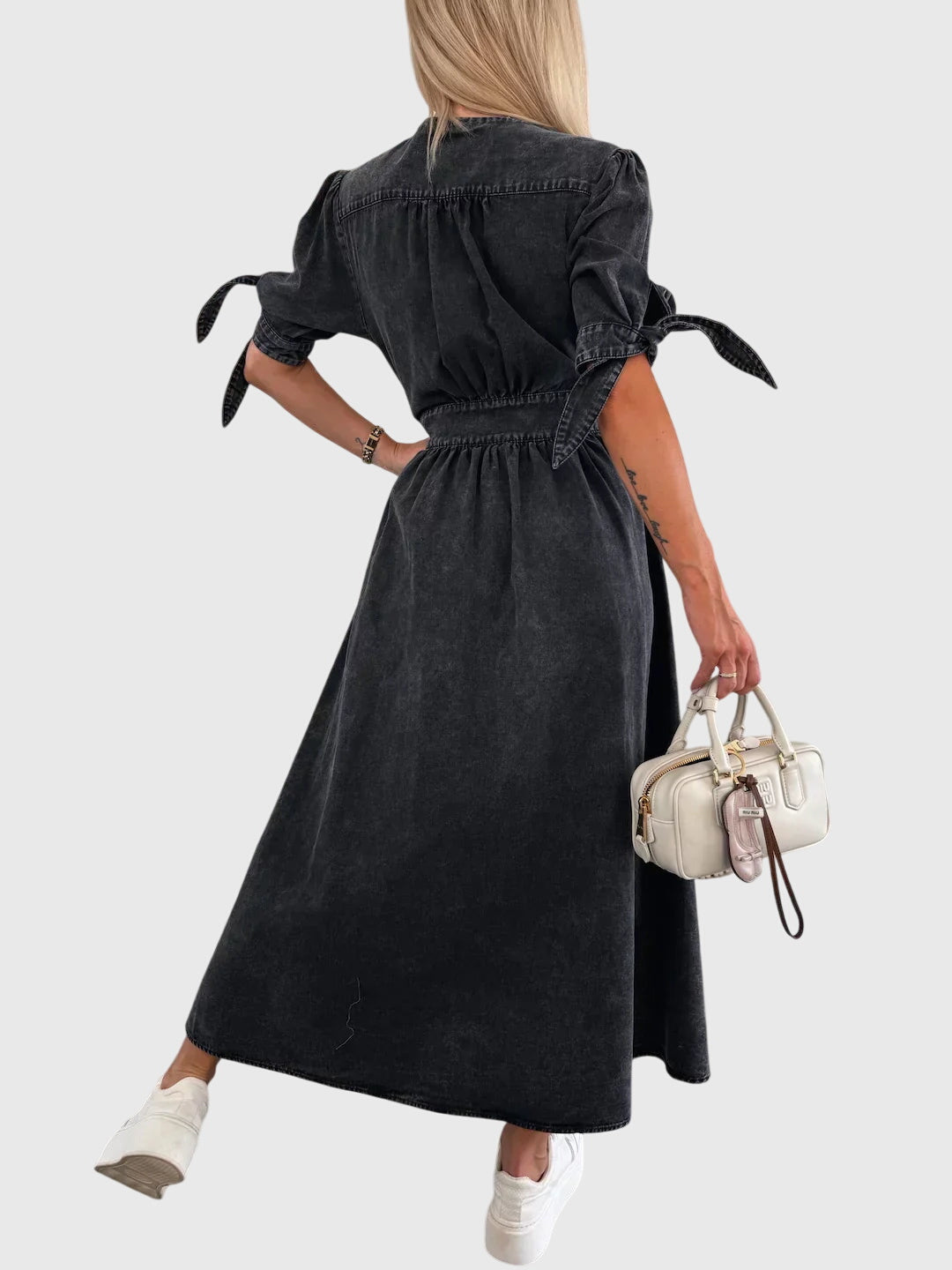Effortless Denim Midi Dress for Women with V-Neck Button Front Elbow Sleeve Casual Style