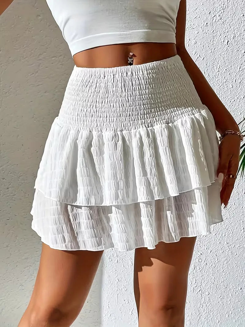 Effortless Tiered Mini Skirt for Women with Smocked High Waist Ruffle Layered Style