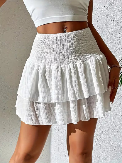 Effortless Tiered Mini Skirt for Women with Smocked High Waist Ruffle Layered Style