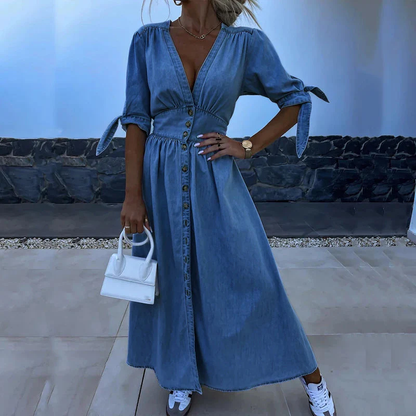 Elegant Blue Denim Dress for Women with V Neck Elbow Sleeve Button Front Maxi Flowing Style