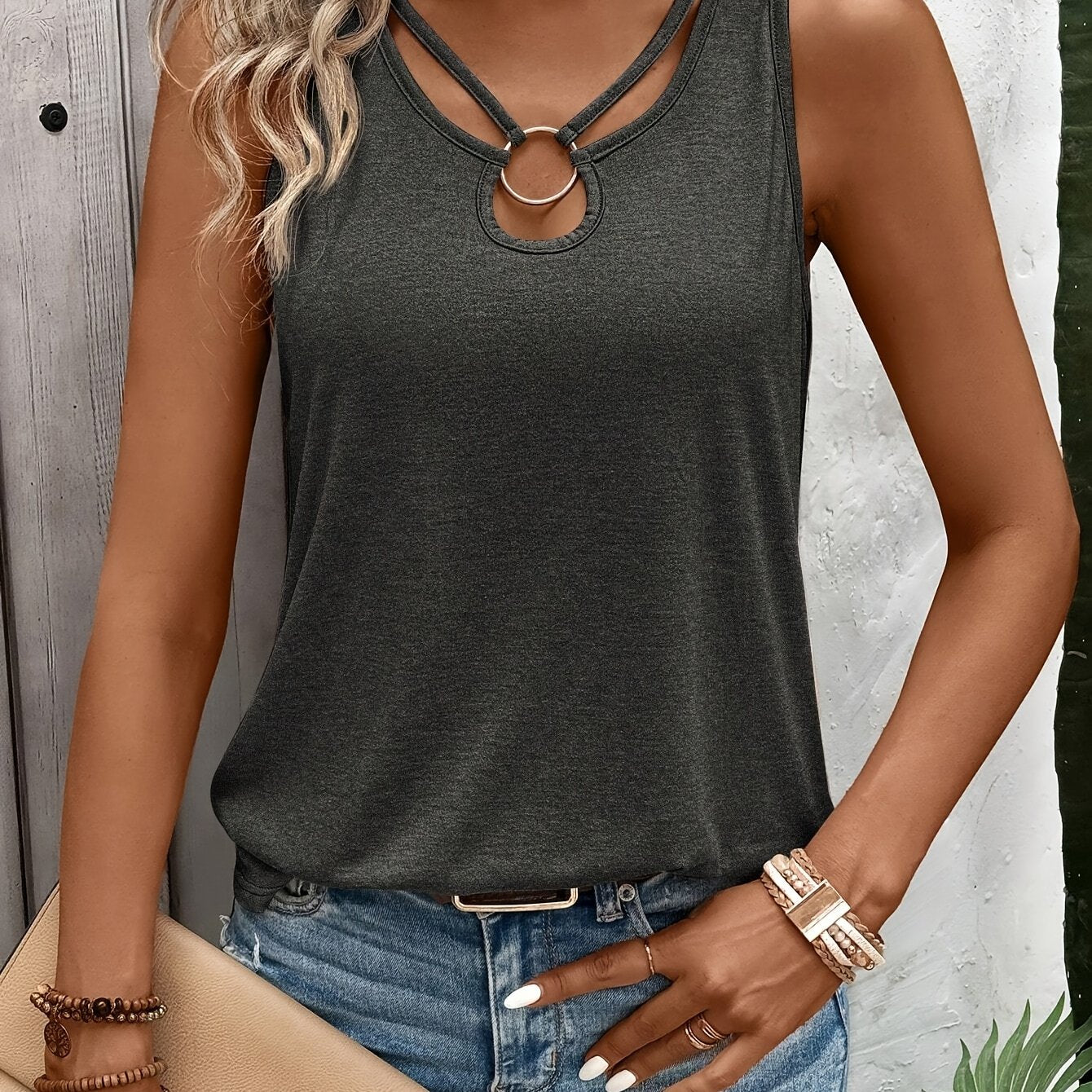 Effortless Heathered Tank Top for Women with Strappy Ring Keyhole Neck Sleeveless Racerback Style