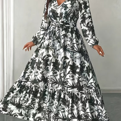 Elegant Floral Long Sleeve Maxi Dress for Women with V Neck Wrap Tie Waist Ruffle Hem Bohemian Style
