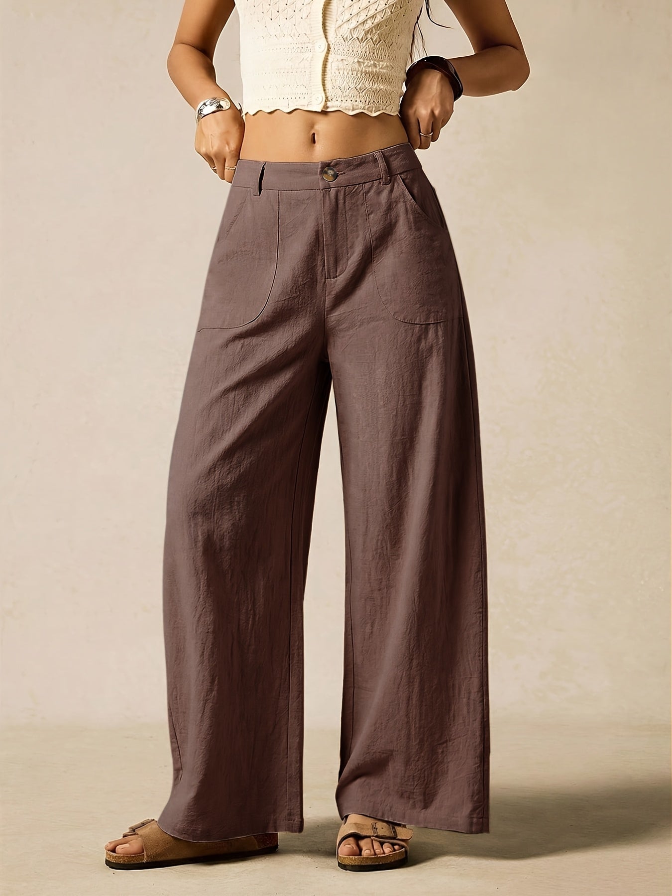 Effortless Linen Wide Leg Trousers for Women with High Waist Button Front Relaxed Casual Style