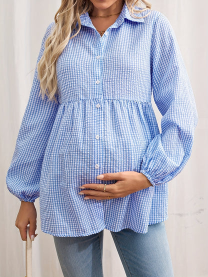 Effortless Gingham Maternity Blouse for Women with Collar Long Sleeve Button Front Babydoll Style