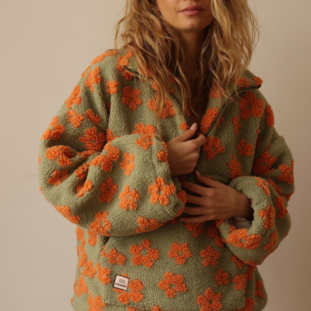 Effortless Grey Floral Sherpa Pullover for Women with Half Zip Collared Long Sleeve Oversized Relaxed Style