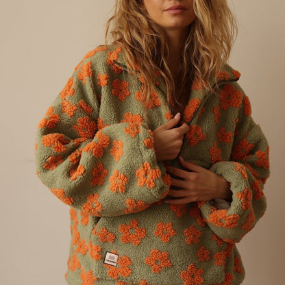 Comfortable Floral Sherpa Pullover for Women with Collar Half Zip Long Sleeve Oversized Knit Style