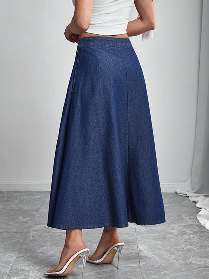 Elegant Deep Blue Denim Maxi Skirt for Women with Pleated A Line Flowing Style