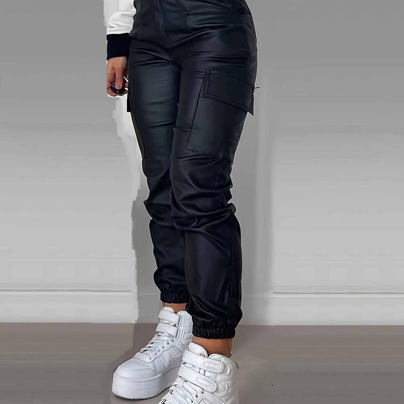 Effortless Black Leather Cargo Pants for Women with High Waist Jogger Fit Elastic Cuff Streetwear Style