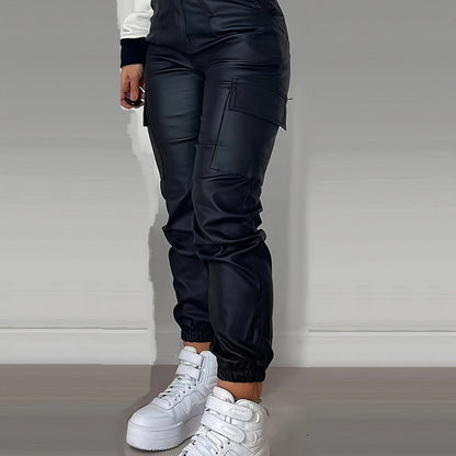 Effortless Black Leather Cargo Pants for Women with High Waist Jogger Fit Elastic Cuff Streetwear Style