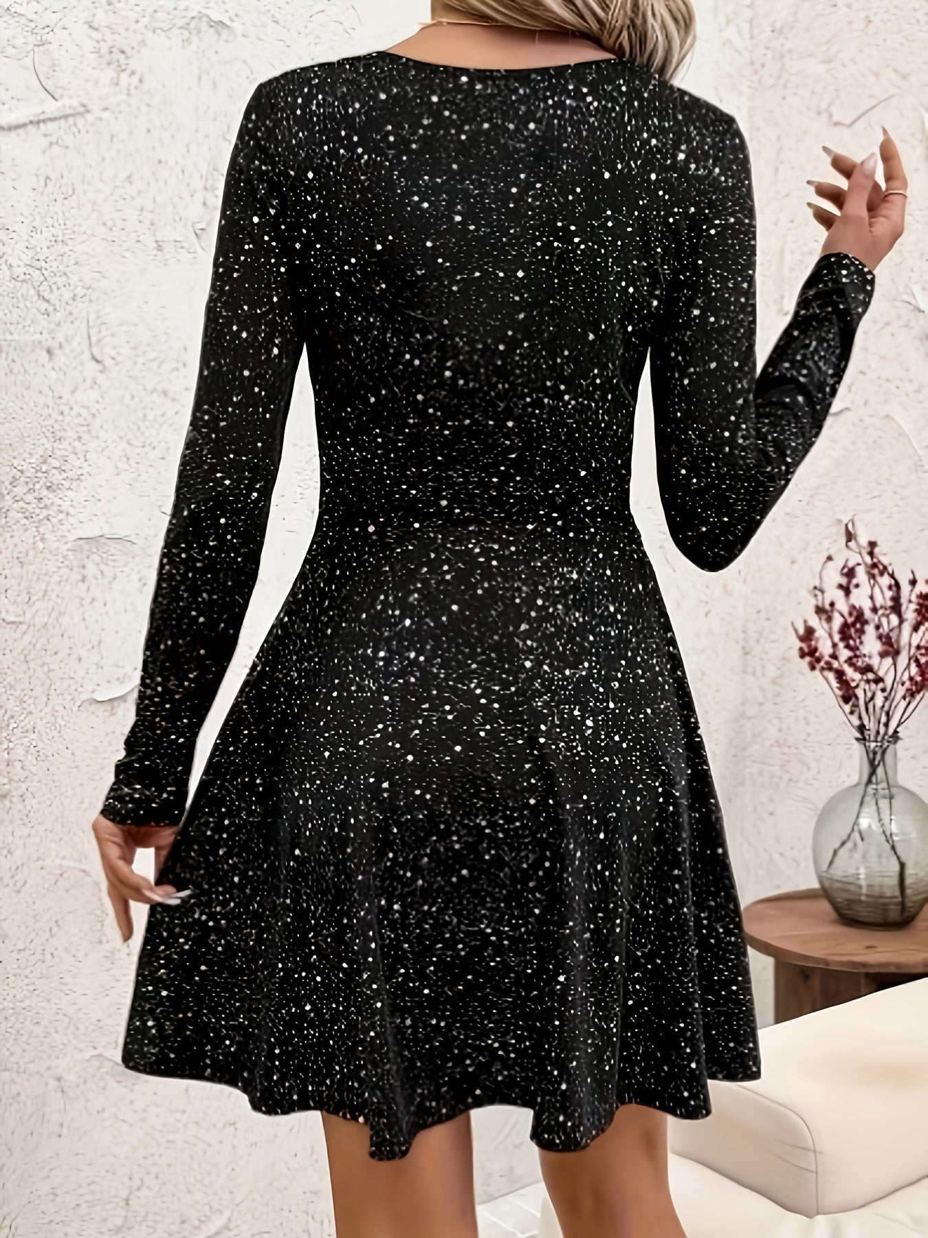 Elegant Black Cocktail Dress for Women with Sweetheart Neck Long Sleeve Fit and Flare Sparkle Style