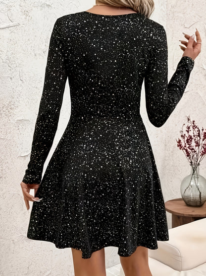 Elegant Black Cocktail Dress for Women with Sweetheart Neck Long Sleeve Fit and Flare Sparkle Style