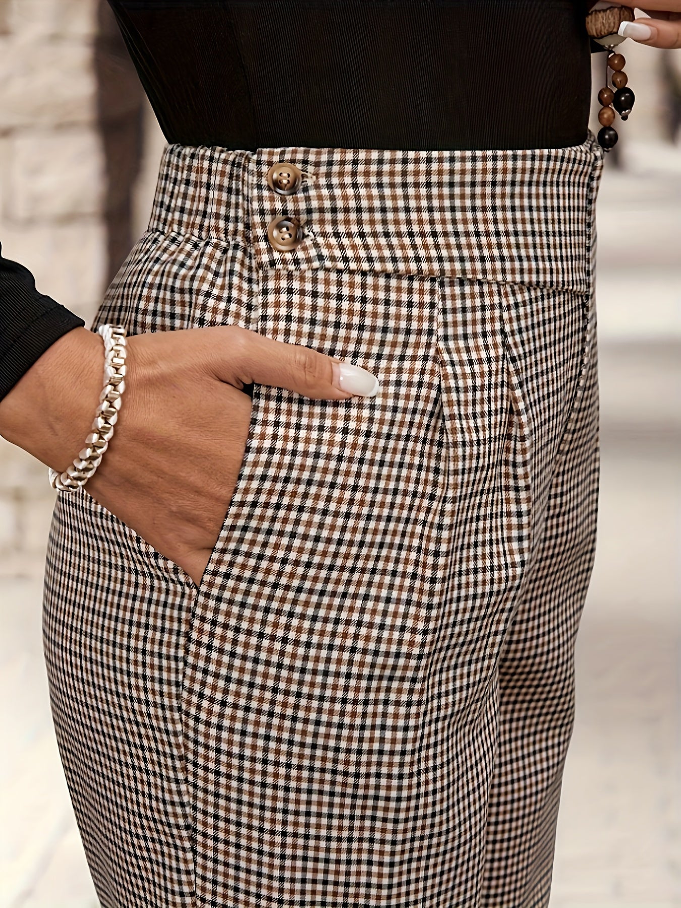 Elegant Houndstooth Chino Pants for Women with High Waist Pleated Tapered Ankle Style