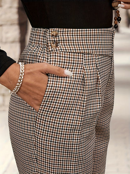 Elegant Houndstooth Chino Pants for Women with High Waist Pleated Tapered Ankle Style