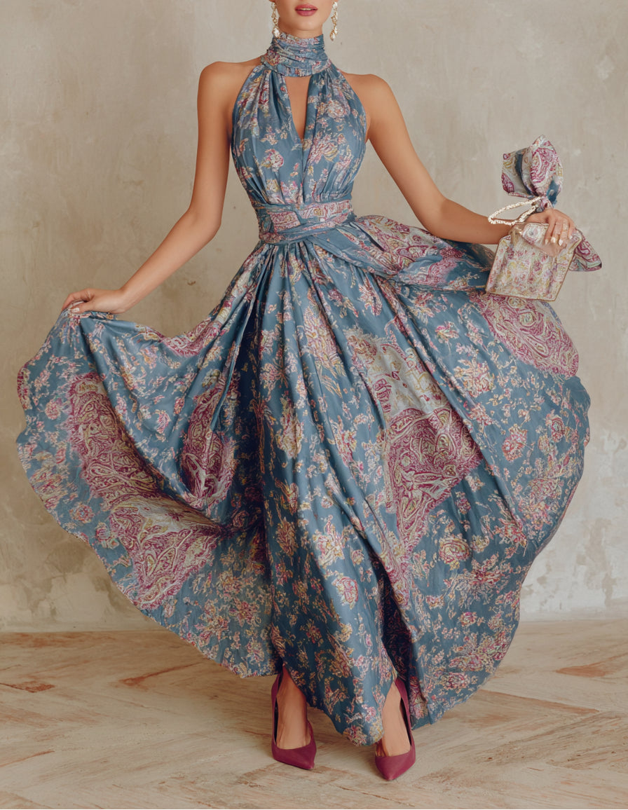 Effortless Floral Wrap Maxi Dress for Women with Halter Neck Tie Waist Flowing Skirt