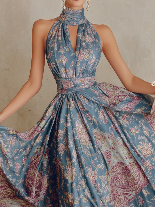 Effortless Floral Wrap Maxi Dress for Women with Halter Neck Tie Waist Flowing Skirt