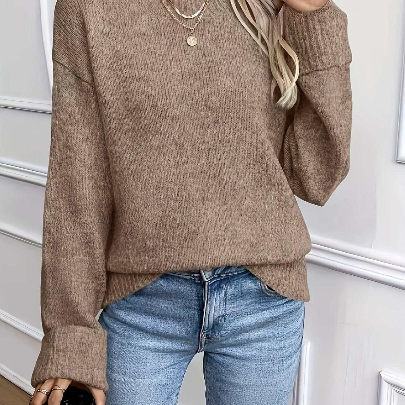 Comfortable Khaki Knit Sweater for Women with Crew Neck Long Sleeve Relaxed Oversized Style