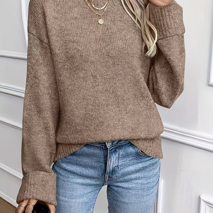 Comfortable Khaki Knit Sweater for Women with Crew Neck Long Sleeve Relaxed Oversized Style