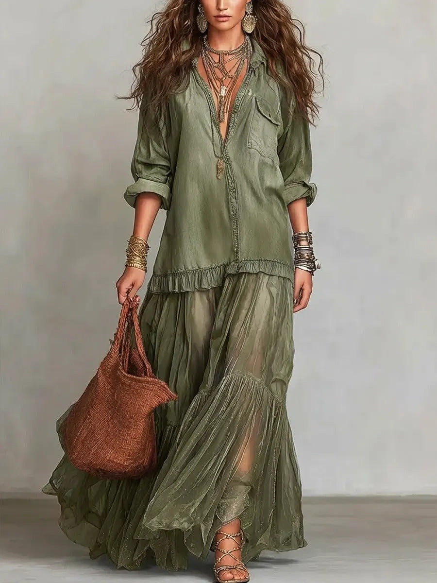 Effortless Maxi Dress for Women with Button-Front Shirt Collar Sheer Tiered Skirt