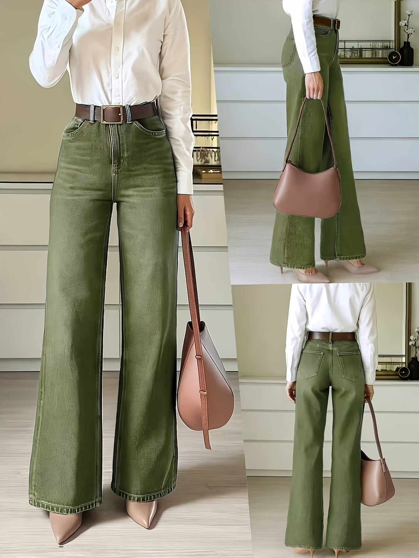 Effortless Fern Green Flare Jeans for Women with High Waist Stretch Wide Leg Style