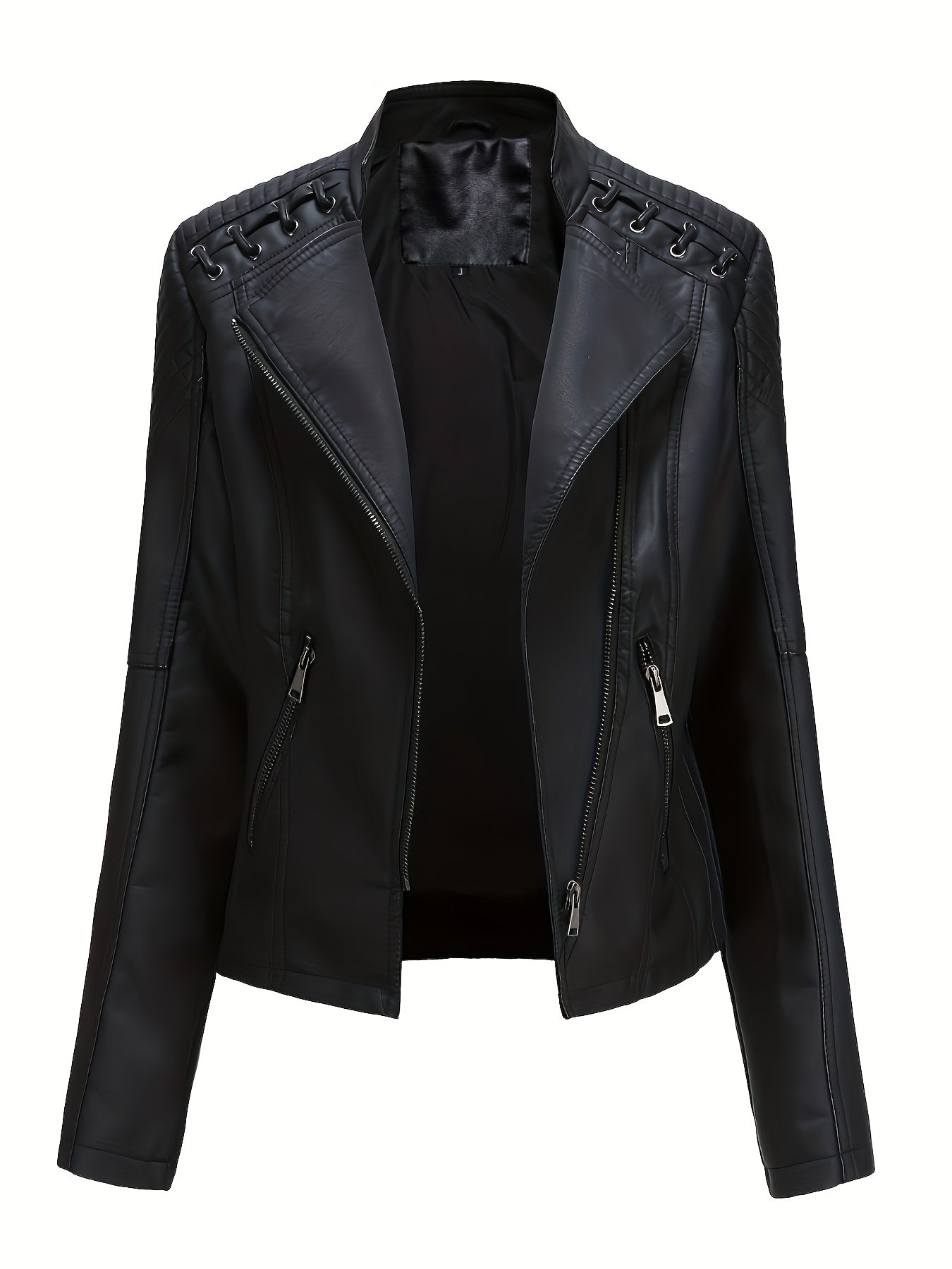 Elegant Leather Moto Jacket for Women with Notch Lapel Zip Front Studded Shoulder