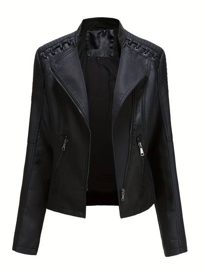 Elegant Leather Moto Jacket for Women with Notch Lapel Zip Front Studded Shoulder