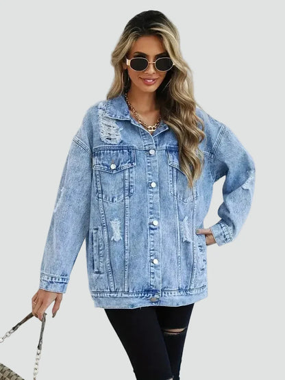 Effortless Light Blue Denim Jacket for Women with Spread Collar Long Sleeve Distressed Oversized Style