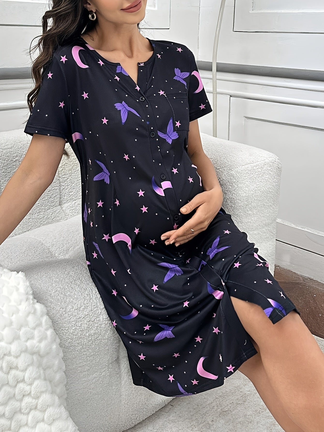 Comfortable Printed Maternity Nightgown for Women with Round Neck Short Sleeve Button Front Relaxed Style