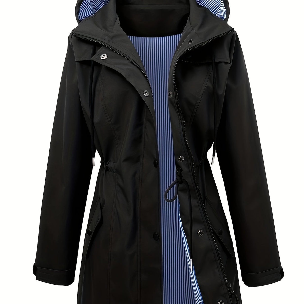 Chic Hooded Rainwear Jacket for Women with Drawstring Waist Zip Front Longline Windbreaker Outdoor Style