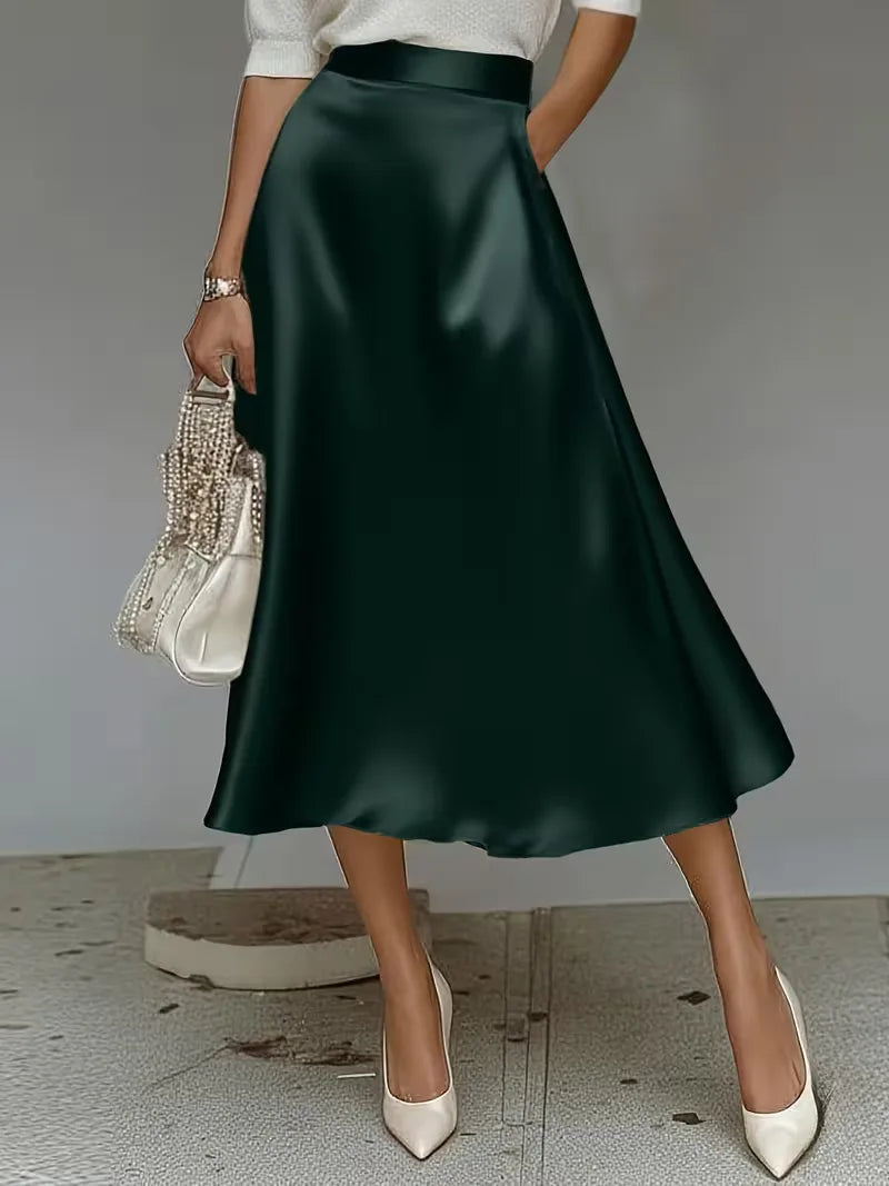 Elegant Satin Midi Skirt for Women with High Waist A Line Pocket Flowing Style