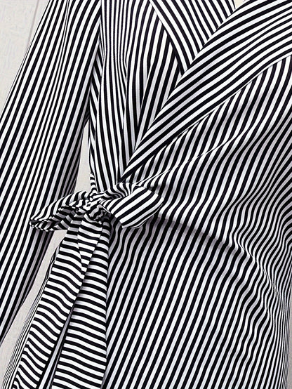 Elegant Black and White Striped Wrap Dress for Women with Notch Collar Long Sleeve Tie Waist Mini Style