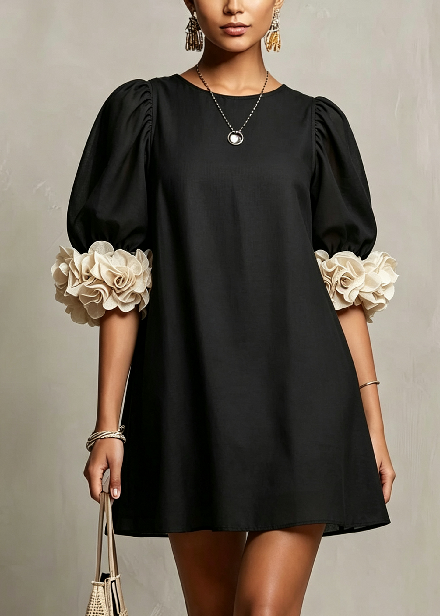 Elegant Little Black Dress for Women with Round Neck Puff Sleeve 3D Floral Cuff Mini Style