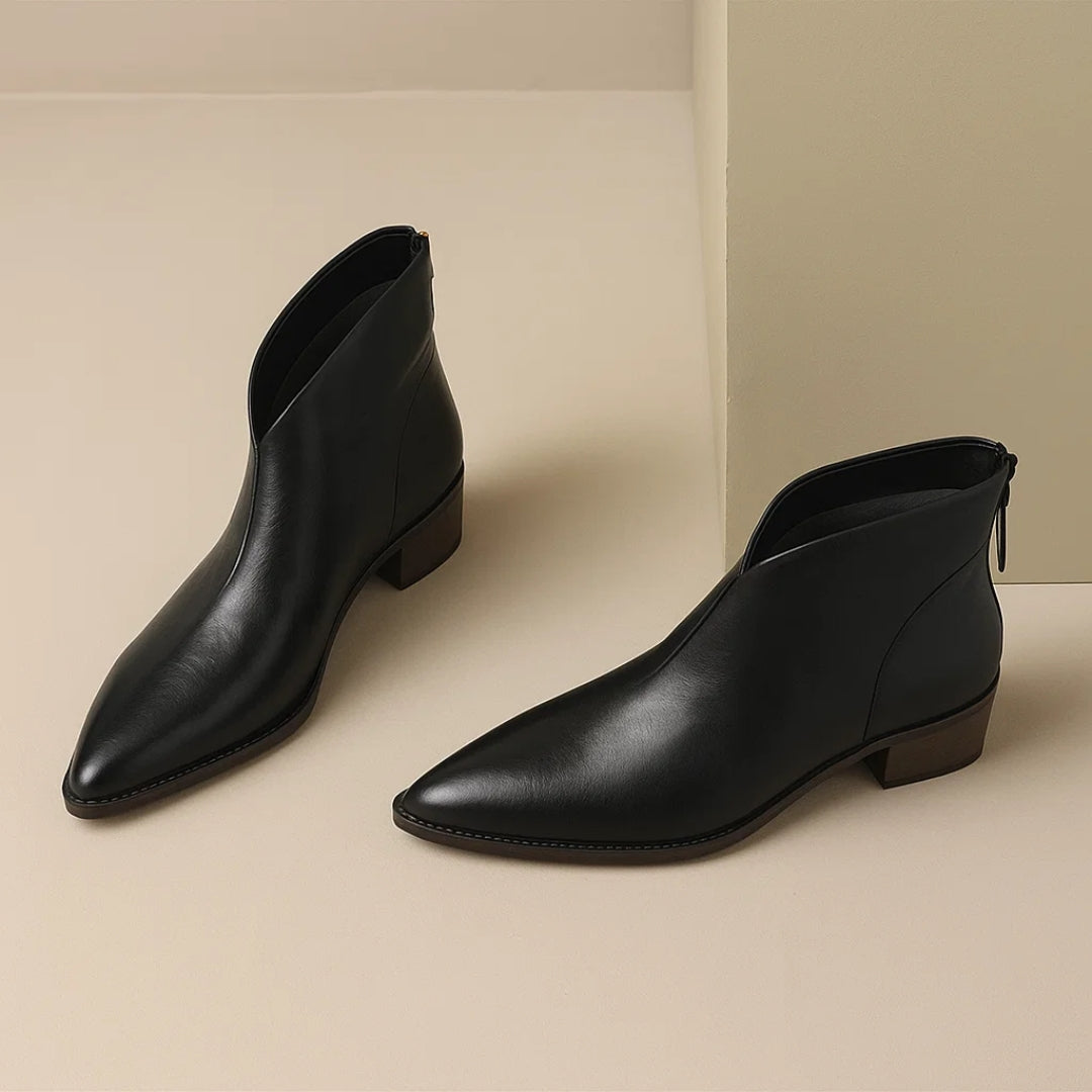 Elegant Leather Ankle Women Boots with Pointed Toe Block Heel Side Zip Style