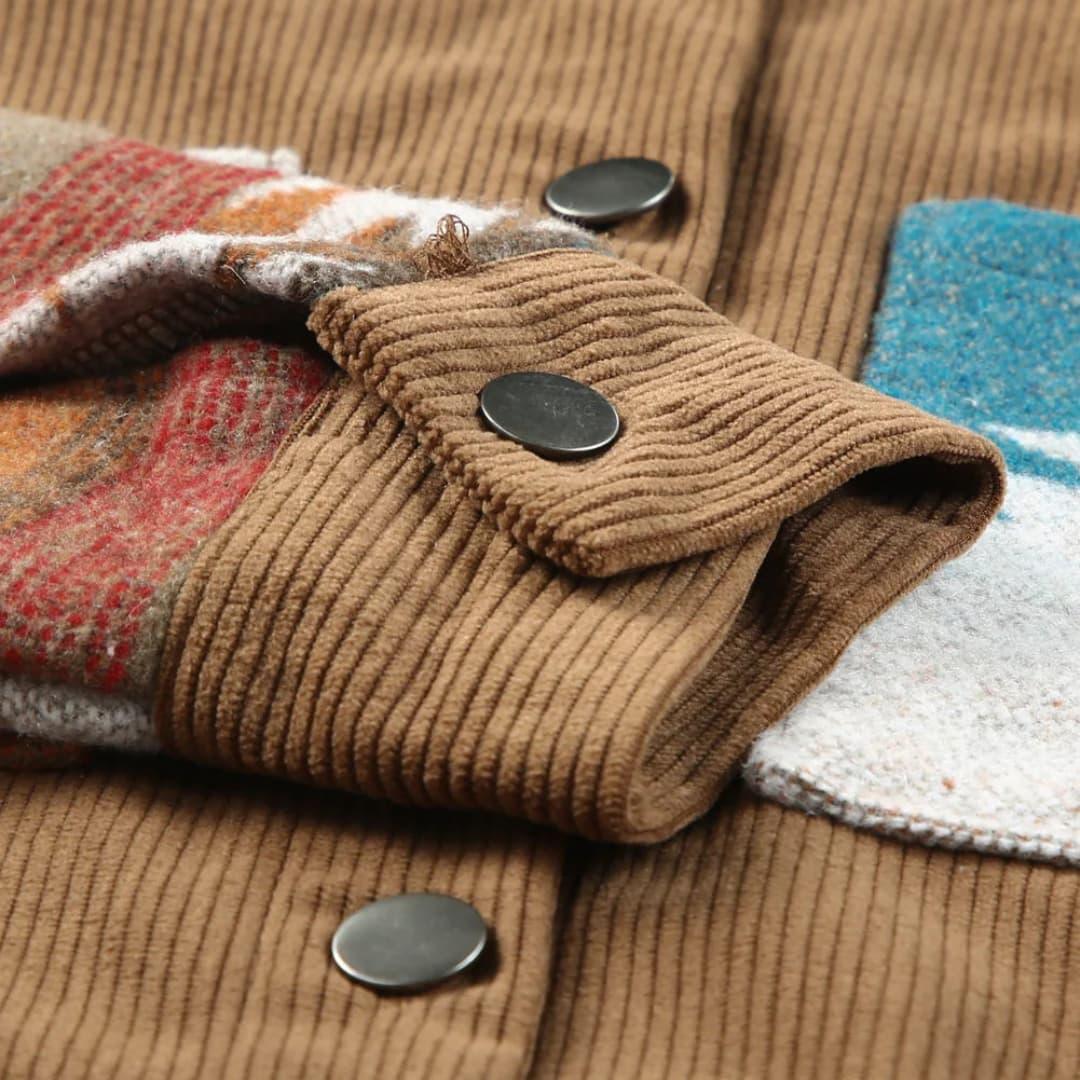 Effortless Brown Corduroy Shacket for Women with Spread Collar Long Sleeve Aztec Panel Oversized Style