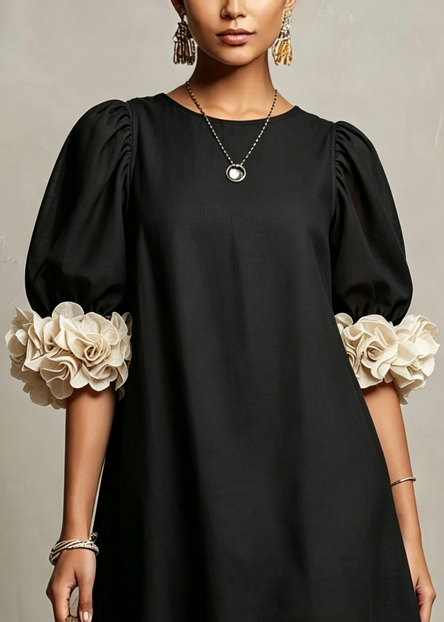 Elegant Little Black Dress for Women with Round Neck Puff Sleeve 3D Floral Cuff Mini Style