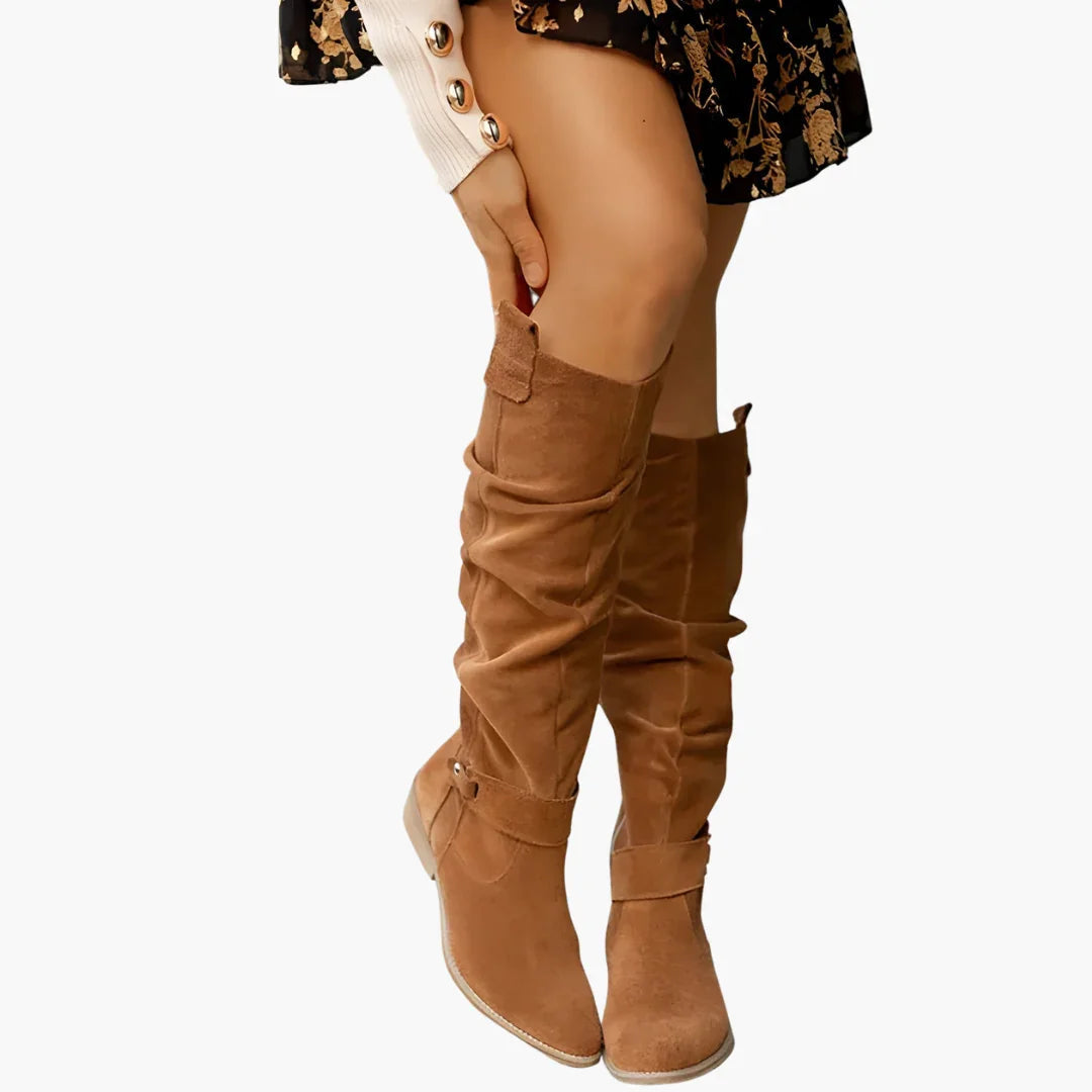 Chic Suede Knee High Boots for Women with Slouchy Shaft Side Zip Buckle Detail Casual Style