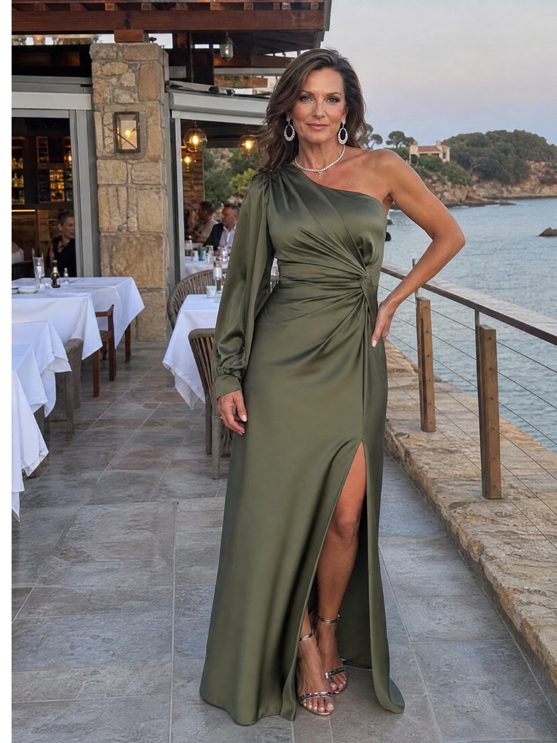 Elegant Satin Maxi Dress for Women with One Shoulder Split Sleeve Draped Waist Side Slit Formal Wedding Guest Style