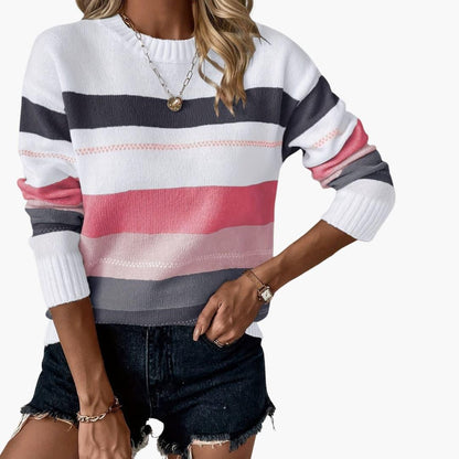 Comfortable Striped Sweater for Women with Crew Neck Long Sleeve Relaxed Oversized Knit Style