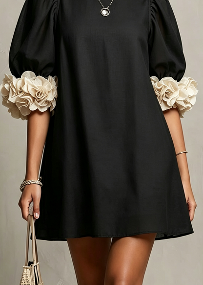 Elegant Little Black Dress for Women with Round Neck Puff Sleeve 3D Floral Cuff Mini Style