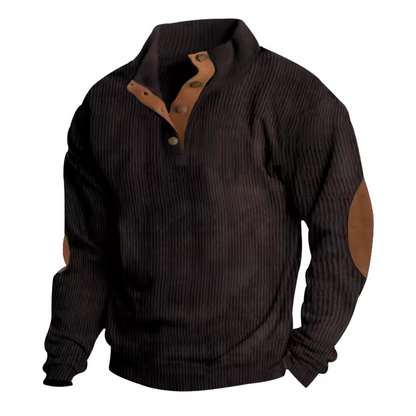Cozy Ribbed Knit Button Sweater for Men with Stand Collar Long Sleeve Elbow Patch Pullover Style