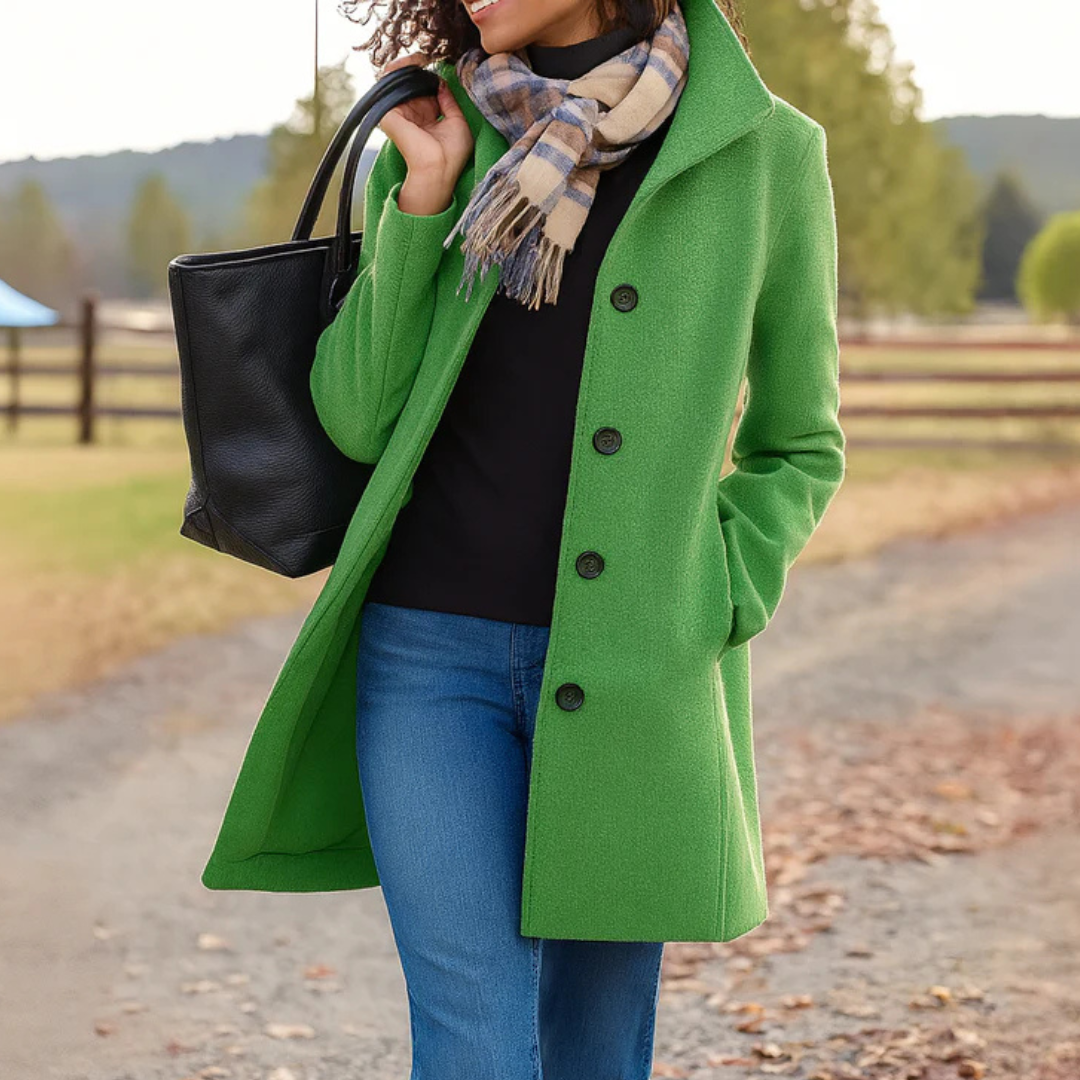 Elegant Wool Coat for Women with Notch Collar Long Sleeve Button Front Tailored Style