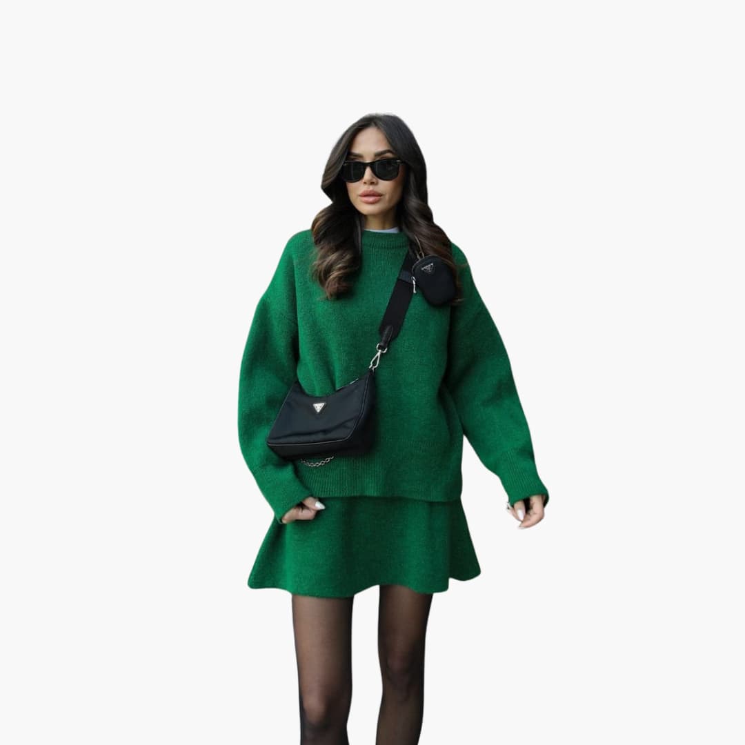 Chic Black Knit Two Piece Set for Women with Crew Neck Sweater High Waist Mini Skirt Lounge Style