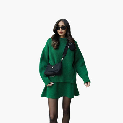 Chic Black Knit Two Piece Set for Women with Crew Neck Sweater High Waist Mini Skirt Lounge Style