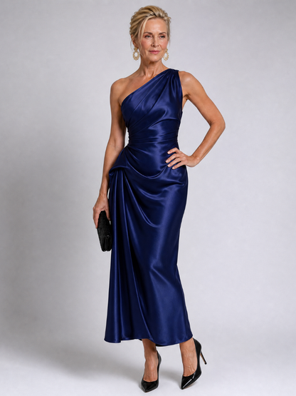 Elegant Satin Midi Dress for Women with One Shoulder Draped Ruched Waist Formal Wedding Guest Style