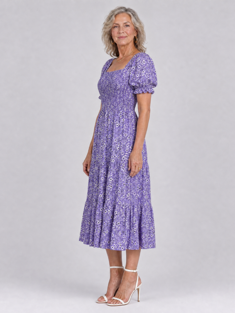 Effortless Floral Midi Dress for Women with Square Neck Puff Sleeve Smocked Bodice A Line Casual Style