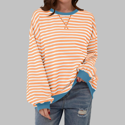 Comfortable Striped Sweatshirt for Women with Crew Neck Long Sleeve Contrast Trim Oversized Style