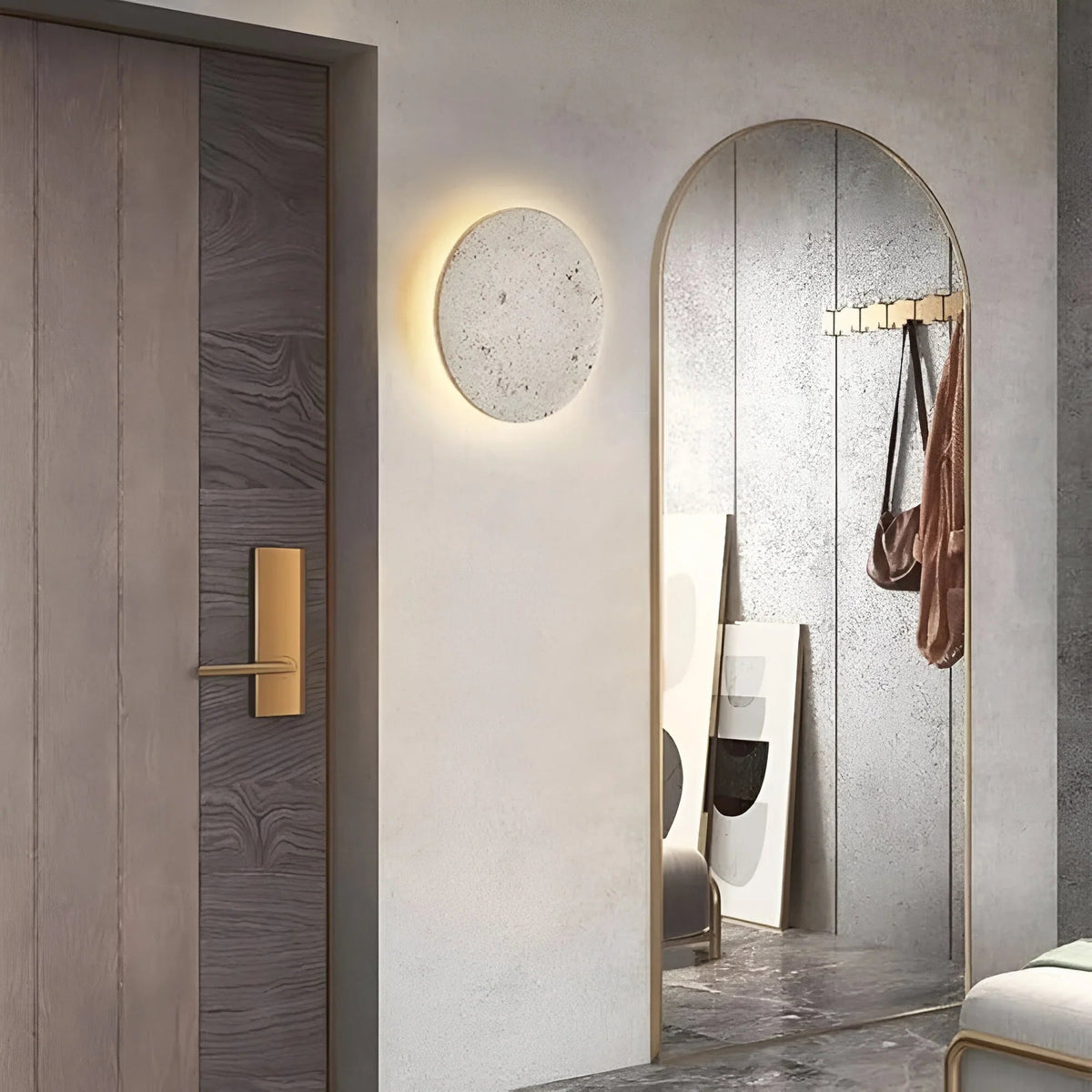 Stone Wall Lamp Round Travertine Backlit LED Minimalist Indoor Sconce Wall Light